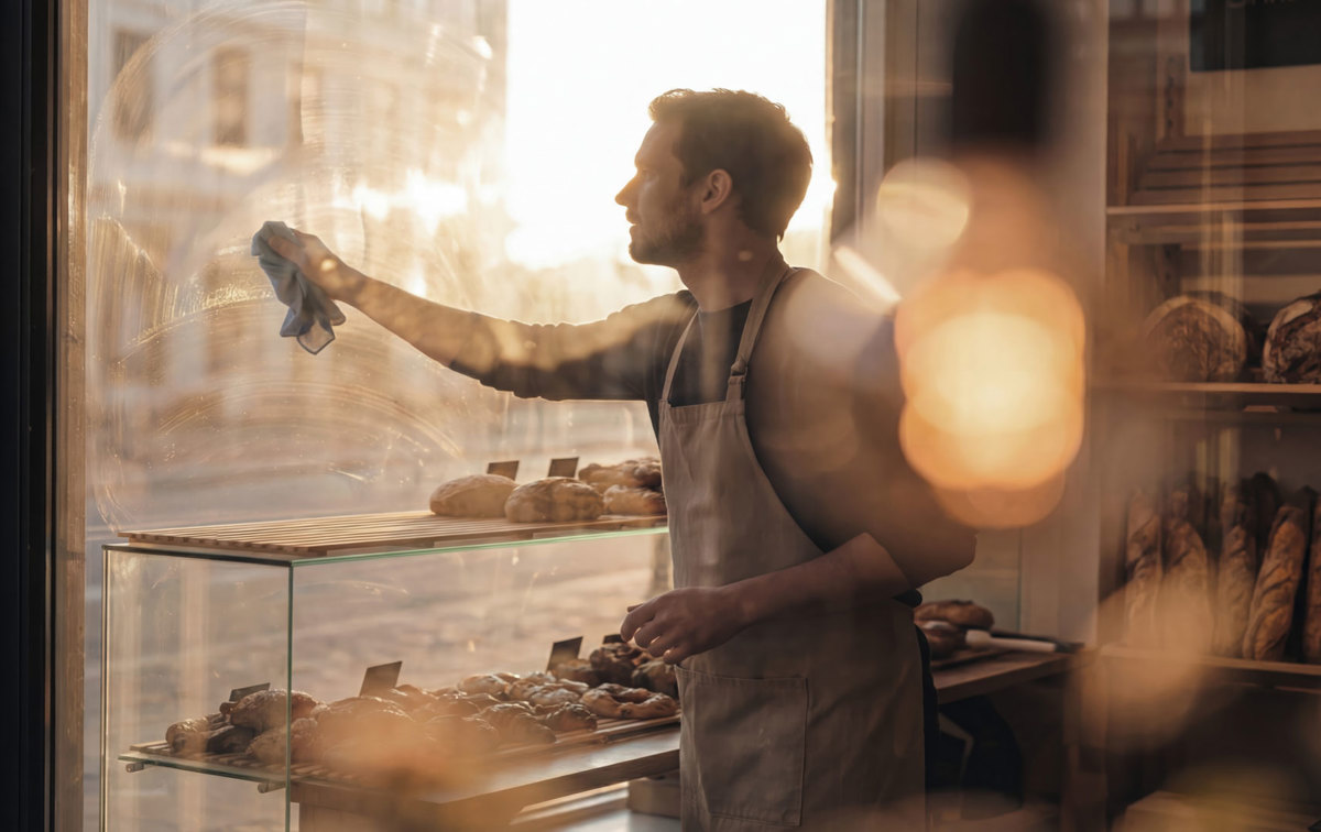 Man cleaning the windows - bakery owner